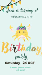 Childrens magic invitation card with fairy animal. Fantasy world elements design. Template for magic birthday party with unicorn or cute animal with horn and flowers.