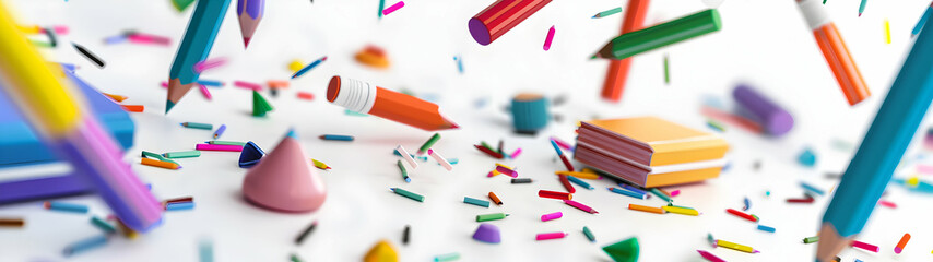 Naklejka premium Colorful school supplies falling down on gray background. School and education concept.