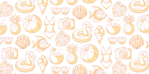 Monochrome orange summer seamless pattern with beach elements. Swimsuit, pineapple, tropical leaves, seashell, sunglasses, fish, flamingo, coconut cocktail. For cover, wrapping paper, textile print
