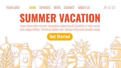 Summer beach elements and accessories, monochrome orange minimalist style. Sunscreen, inflatable ball, seashell, pineapple, sand castle. Landing page vector template for website, web, online, banner