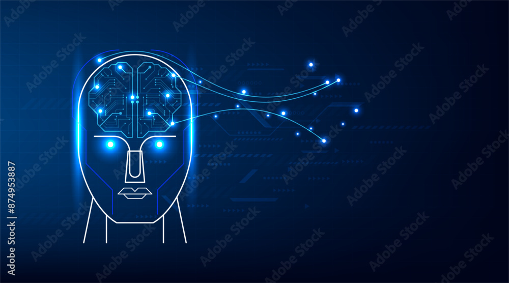 Poster technology artificial intelligence (ai) brain animation digital data concept.big data flow analysis.