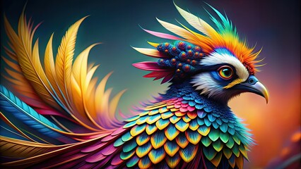 Obraz premium Imaginative bird with vibrant feathers and unique markings, colorful, whimsical, fantasy, creature, flying, wings, small