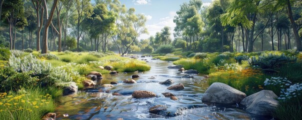 Clean river flowing through a restored ecosystem, symbolizing successful environmental rehabilitation