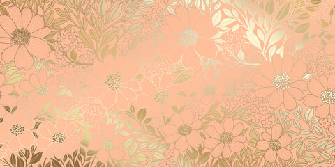 Golden Metallic Foiled Contour Flowers and Leaves on a Peach Color Backdrop. Luxurious Art Deco Wallpaper Design, Great for Prints, Posters, Covers, Banners, Invitations, Packages, Beauty Products.