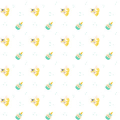 Childrens holiday pattern with confetti and cute animal. Childish birthday invitation and celebration seamless background. Cute character with unicorn horns printable design for wrapping paper, postca