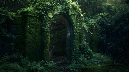 Obraz premium A moss covered archway in a dark forest