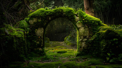 Fototapeta premium A moss covered archway in a dark forest