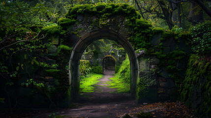 A moss covered archway in a dark forest