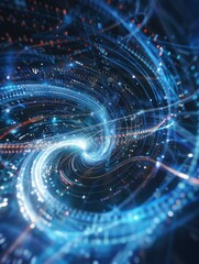 Obraz premium A vivid spiral of blue and white light trails and particles, creating a sense of motion and energy. Tiny dots and lines accentuate the swirling pattern.