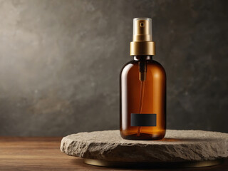 Amber glass spray bottle with blank label on wooden and stone podium Natural beauty product design, cosmetics branding.