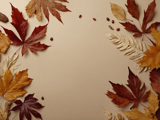 Banner for autumn sale with dry leaves on beige background.