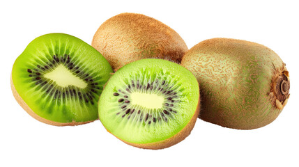 Fototapeta premium Exotic kiwis isolated on white background, whole and halved