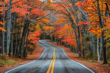 Tunnel of trees in autumn time along scenic byway M41 in Keweenaw peninsula in Michigan upper peninsula