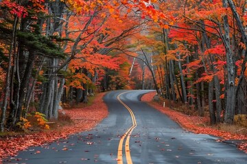 Tunnel of trees in autumn time along scenic byway M41 in Keweenaw peninsula in Michigan upper peninsula