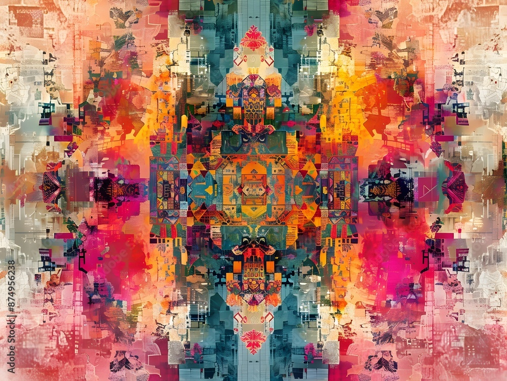Poster digitally woven tapestry of futuristic patterns and colors neural network generated artwork