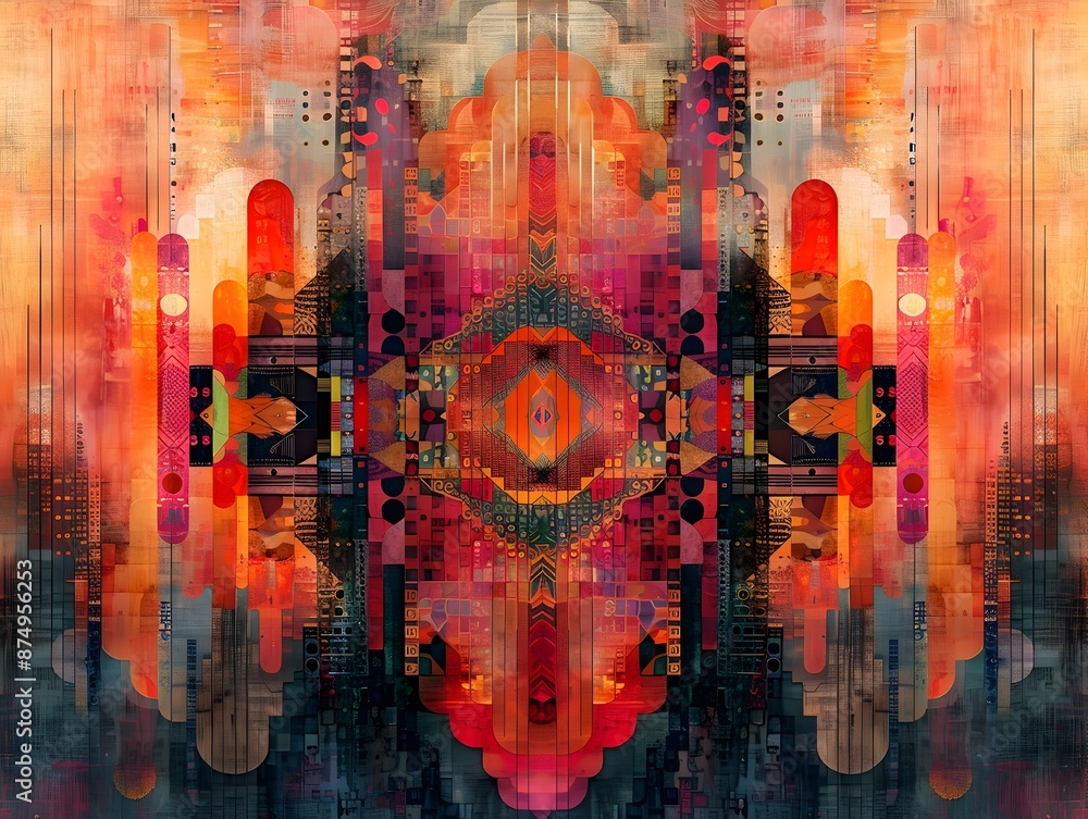 Poster neural network generated digital tapestry blending traditional weaving patterns with futuristic desi