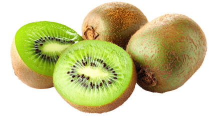 Fototapeta premium Exotic kiwis isolated on white background, whole and halved