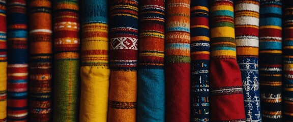 Colorful Andean fabric textiles on the local souvenir market in Otavalo, Ecuador South America.
