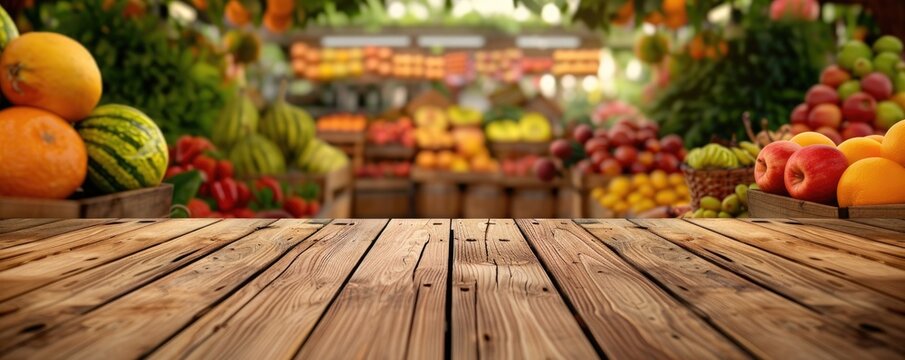 Background photo for the product against the backdrop of a wooden table at a fruit stall in a market.