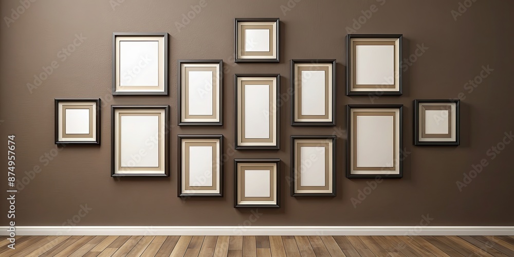 Sticker Square blank frames on espresso brown gallery wall, blank, frames, square, modern, gallery, setting, interior, design, exhibition