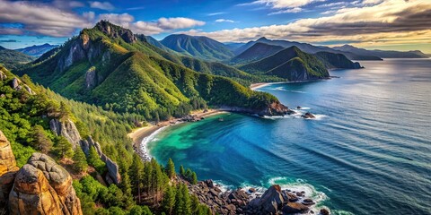Fototapeta premium Scenic photograph of a mountain range overlooking a rugged coastline with lush forests below, mountains, coastline, forest