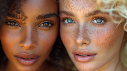 Close-up of two diverse women, one blonde and one with brown skin.