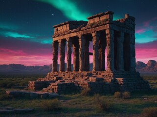 Fototapeta premium Holographic technology presenting wildlife safari and ancient ruins in an eco friendly city under a neon lit sky.