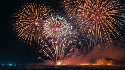 Fireworks explode in colorful display Seaside Oregon.