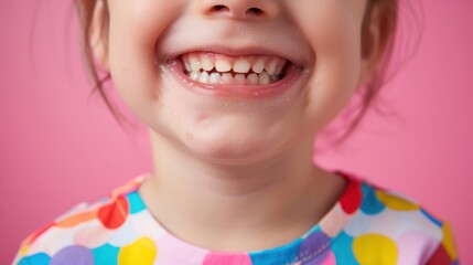 Close-up of a child smiling with missing front teeth, wearing a colorful shirt, standing in front of a pink background, Portrait close-up, hyper-realistic, high detail, photorealistic, studio