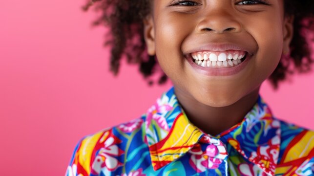 Close-up of a child smiling with missing front teeth, wearing a colorful shirt, standing in front of a pink background, Portrait close-up, hyper-realistic, high detail, photorealistic, studio