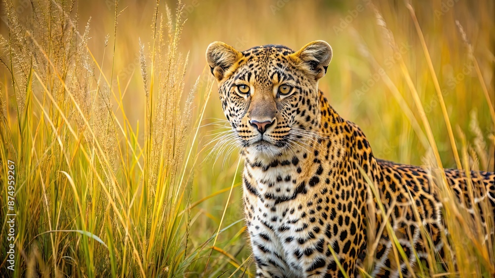 Sticker Leopard blending into tall grass in savannah , Stealth, grace, golden light, spotted coat, prowling, hunt, predator