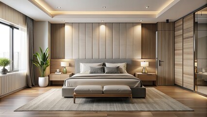 Fototapeta premium Sleek and minimalist modern bedroom with neutral color palette and clean lines, modern, bedroom, sleek, minimalist