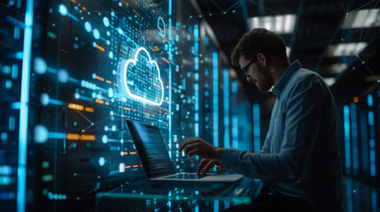 Digital technology, data processing and engineering, cloud computing concept. Computer programmer coding on laptop