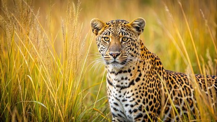 Obraz premium Leopard blending into tall grass in savannah , Stealth, grace, golden light, spotted coat, prowling, hunt, predator