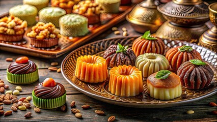 Traditional Ramadan dessert featuring unique shapes and decorative textures , Ramadan, dessert, traditional, cultural