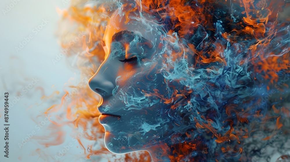 Poster mesmerizing digital portrait showcasing a blend of human features and abstract digital enhancements 
