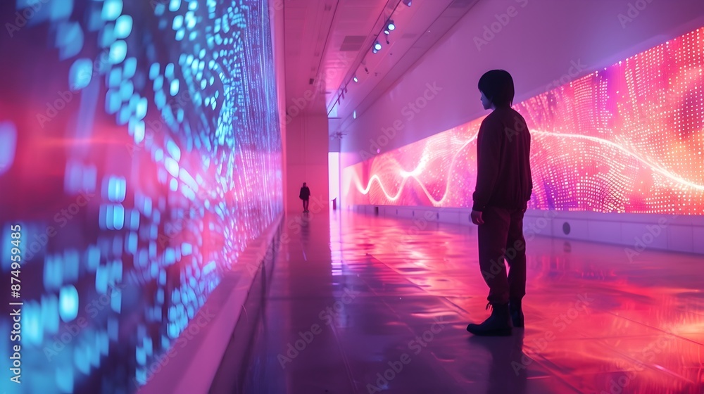 Poster immersive neural network driven visual art installation with dynamic patterns and vibrant lighting