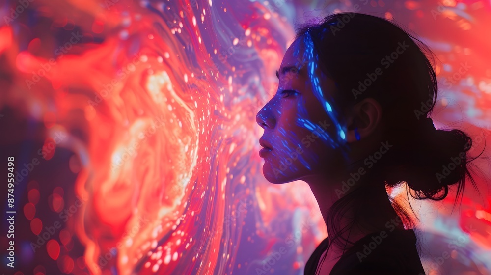 Poster Neural Network Driven Visual Art Installation Showcasing Dynamic Patterns and Glowing Neon Spectrum in Real Time