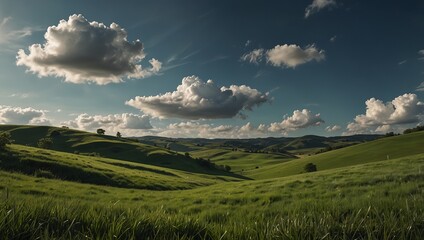 Obraz premium Tranquil beauty of springtime nature in peaceful countryside landscape Green grass, blue sky, white clouds, rolling hills.