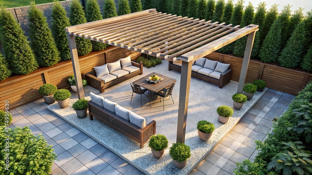 Poster render top view of outdoor pergola on private patio, outdoor, pergola, patio, design, architecture, relaxation, backyard