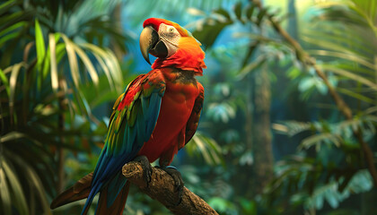 Obraz premium Colorful Macaw Parrots in Tropical Rainforest, Interesting Plants in Background, Green Nature Wallpaper with Copy Space