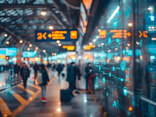 Obraz premium AI Powered Language Translation Earbuds Enabling Seamless Real Time Communication at Bustling International Airport