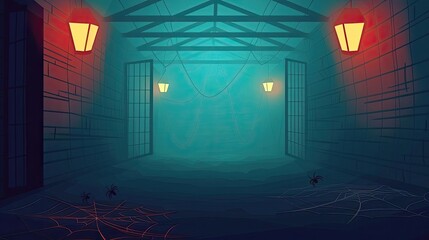 Obraz premium Spooky dimly lit hallway with glowing lamps, open doors, and eerie atmosphere ideal for Halloween or horror themed designs.