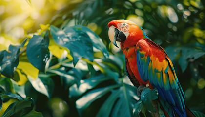 Colorful Macaw Parrots in Tropical Rainforest, Interesting Plants in Background, Green Nature Wallpaper with Copy Space