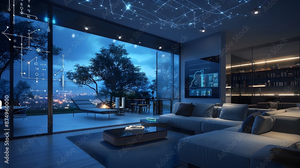 Poster futuristic smart home with seamless interconnected communication devices showcasing intelligent auto