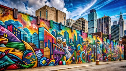 Fototapeta premium Graffiti mural on a city wall , urban, street art, spray paint, vibrant colors, graffiti artist, culture