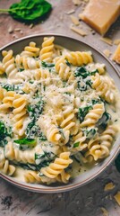 Vegan Creamy Spinach Pasta and vegan cheese in the background