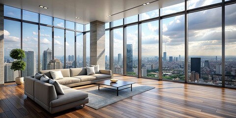 Fototapeta premium Modern living room with floor-to-ceiling window overlooking cityscape, modern, living room, interior design, contemporary