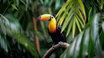 Fototapeta premium A brightly colored toucan perched on a branch, its vibrant beak contrasting with the lush foliage.