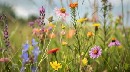 Obraz premium A close-up photo of colorful wildflowers blooming in a wild prairie meadow